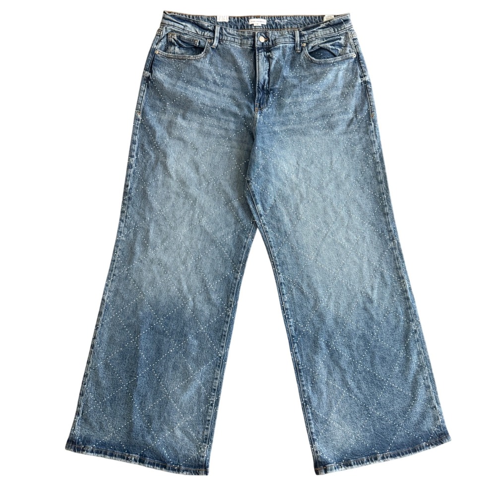 Good American Good Ease Relaxed Rhinestone Diamond‎ Wide Leg Jeans Blue 16 NEW